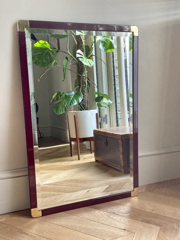 Italian Burgundy Lacquered Frame and Brass Cornered Mirror