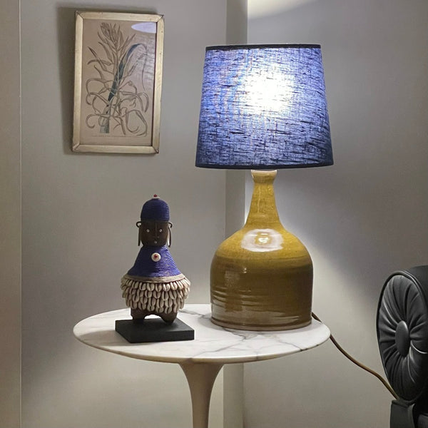 French ceramic lamp base, mustard with blue shade