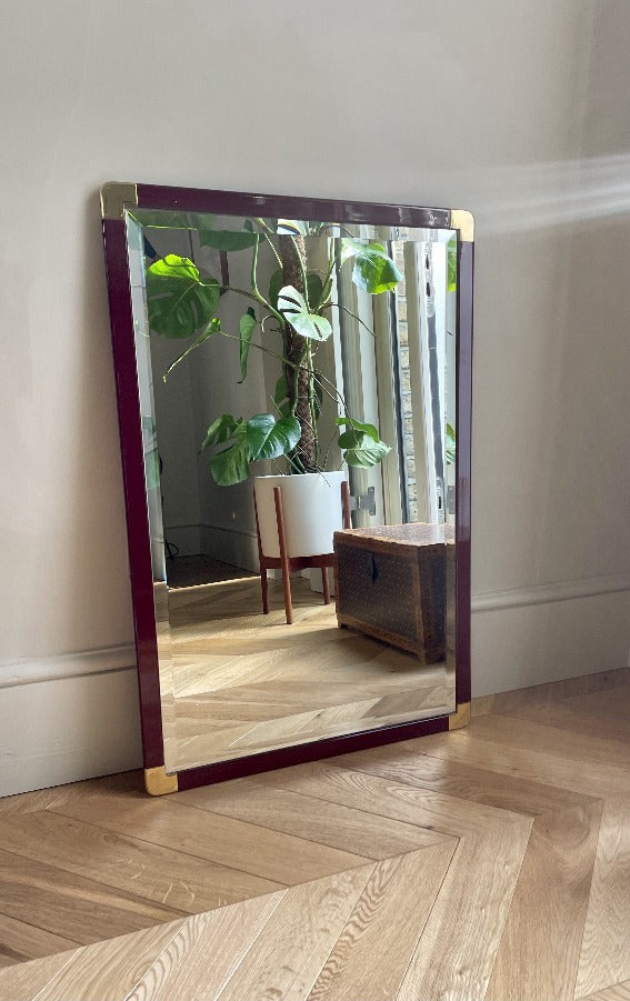 Italian Burgundy Lacquered Frame and Brass Cornered Mirror