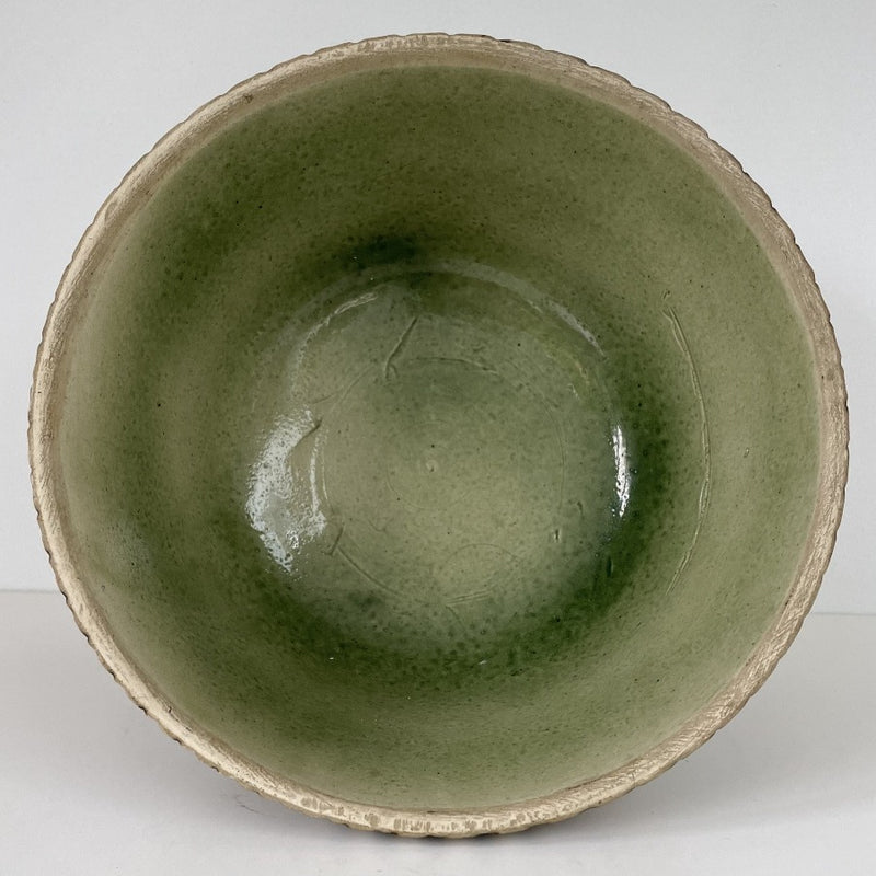Pretty French Bowl with Green Glazed interior and Brown textured exterior